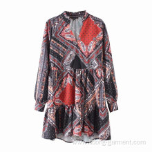 Women Printed V-neck Long Sleeve Oversize Dress